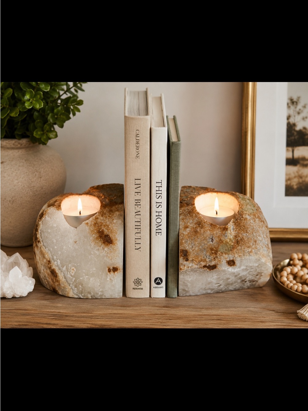 Natural Quartz Geode Bookends & Tealight Candle Holders Pair 3.5 lb Crystal